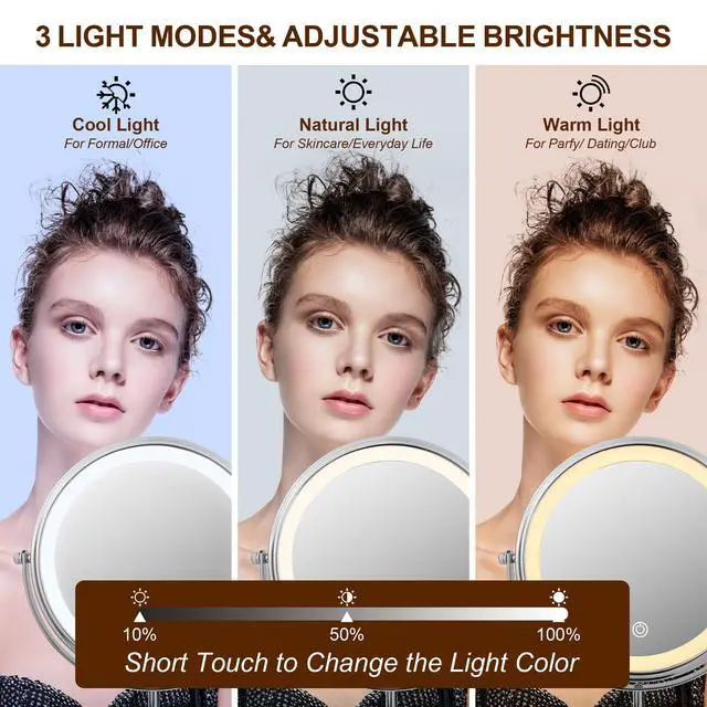 Alt view image 2 of 7 - 10X Lighted Makeup Mirror with 3 Lighting Modes, 8" Dimmable Lights Height Adjustable Vanity Mirror with Lights, Rechargeable Double Sided 1X 10X Magnifying Mirror, 360°Rotation,Chrome