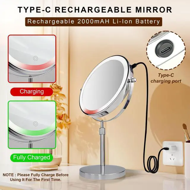 Alt view image 5 of 7 - 10X Lighted Makeup Mirror with 3 Lighting Modes, 8" Dimmable Lights Height Adjustable Vanity Mirror with Lights, Rechargeable Double Sided 1X 10X Magnifying Mirror, 360°Rotation,Chrome