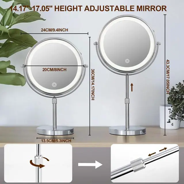 Alt view image 6 of 7 - 10X Lighted Makeup Mirror with 3 Lighting Modes, 8" Dimmable Lights Height Adjustable Vanity Mirror with Lights, Rechargeable Double Sided 1X 10X Magnifying Mirror, 360°Rotation,Chrome