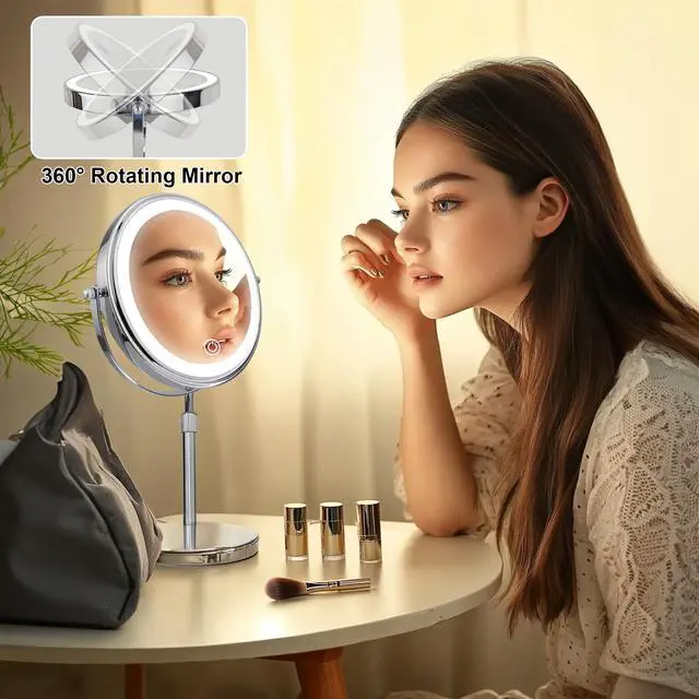 Alt view image 7 of 7 - 10X Lighted Makeup Mirror with 3 Lighting Modes, 8" Dimmable Lights Height Adjustable Vanity Mirror with Lights, Rechargeable Double Sided 1X 10X Magnifying Mirror, 360°Rotation,Chrome