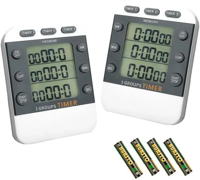 Main image of 2 Pcs Digital Kitchen Timer 3 Channels Multi Timer Loud Adjustable Alarm Magnetic Count up Down Memory Preset Battery Included for Cooking Baking BBQ Study Classroom