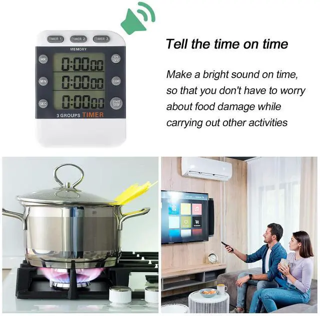Alt view image 4 of 7 - 2 Pcs Digital Kitchen Timer 3 Channels Multi Timer Loud Adjustable Alarm Magnetic Count up Down Memory Preset Battery Included for Cooking Baking BBQ Study Classroom