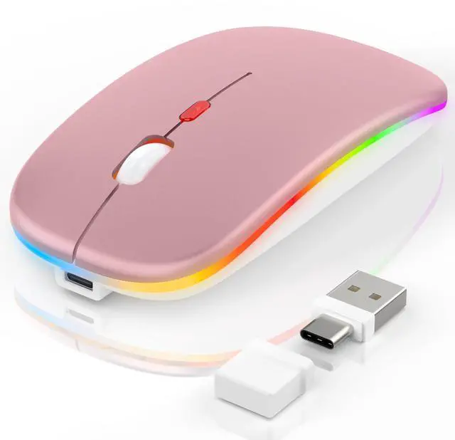 Main image of Mouse for MacBook, LED Bluetooth Wireless Mouse for MacBook Air PC iPad, Silent Rechargeable Mice 3 Mode Bluetooth 5.2 & 2.4G USB-A/USB-C Receiver, Portable Mouse with Jiggler Mode, Rose Gold