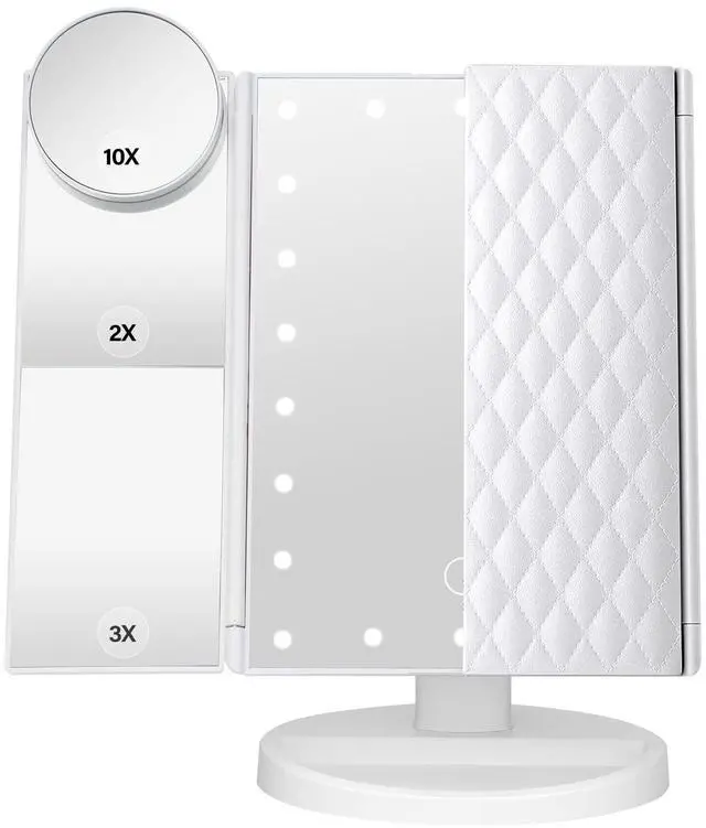 Main image of Makeup Mirror Vanity Mirror with Lights 1X 2X 3X 10X Magnification, Lighted Makeup Mirror, Touch Control, Tri-Fold Portable LED Makeup Vanity, Two Power Supply Modes, White
