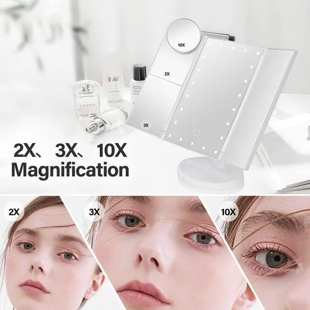 Alt view image 2 of 6 - Makeup Mirror Vanity Mirror with Lights 1X 2X 3X 10X Magnification, Lighted Makeup Mirror, Touch Control, Tri-Fold Portable LED Makeup Vanity, Two Power Supply Modes, White