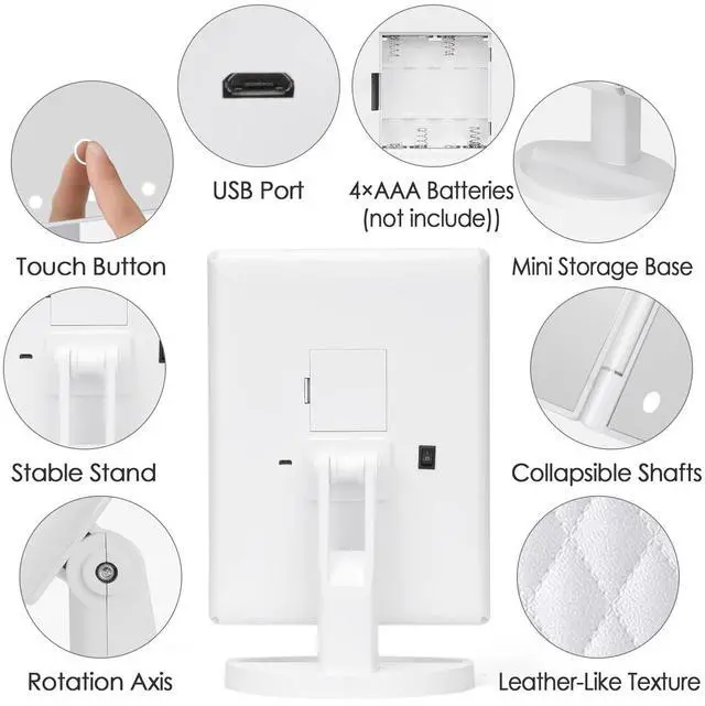 Alt view image 4 of 6 - Makeup Mirror Vanity Mirror with Lights 1X 2X 3X 10X Magnification, Lighted Makeup Mirror, Touch Control, Tri-Fold Portable LED Makeup Vanity, Two Power Supply Modes, White