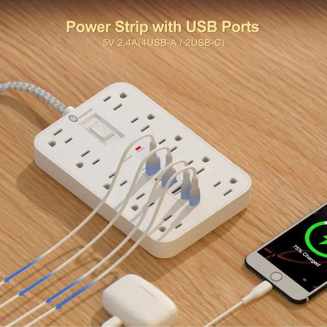 Alt view image 3 of 7 - Power Strip Surge Protector, OVERTOP 5 Ft Braided Extension Cord Flat Plug, 10 Widely Spaced Outlets with 6 USB Ports (2 USB C), Wall Mount Desk Charging Station for Home Office Dorm Essentials