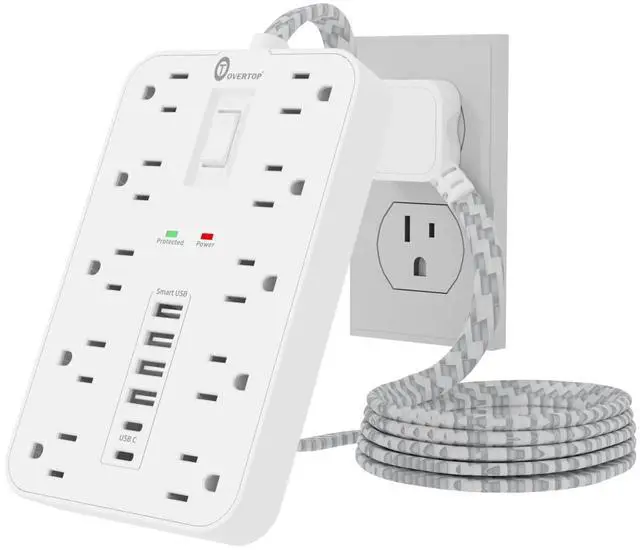Main image of Power Strip Surge Protector, OVERTOP 5 Ft Braided Extension Cord Flat Plug, 10 Widely Spaced Outlets with 6 USB Ports (2 USB C), Wall Mount Desk Charging Station for Home Office Dorm Essentials