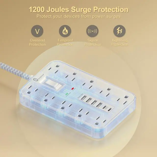 Alt view image 5 of 7 - Power Strip Surge Protector, OVERTOP 5 Ft Braided Extension Cord Flat Plug, 10 Widely Spaced Outlets with 6 USB Ports (2 USB C), Wall Mount Desk Charging Station for Home Office Dorm Essentials