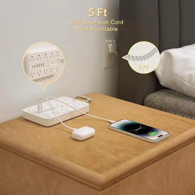 Alt view image 4 of 7 - Power Strip Surge Protector, OVERTOP 5 Ft Braided Extension Cord Flat Plug, 10 Widely Spaced Outlets with 6 USB Ports (2 USB C), Wall Mount Desk Charging Station for Home Office Dorm Essentials
