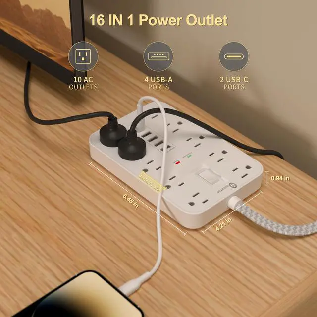 Alt view image 2 of 7 - Power Strip Surge Protector, OVERTOP 5 Ft Braided Extension Cord Flat Plug, 10 Widely Spaced Outlets with 6 USB Ports (2 USB C), Wall Mount Desk Charging Station for Home Office Dorm Essentials