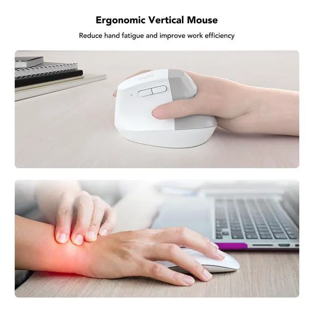 Alt view image 3 of 7 - EM18 Wireless Ergonomic Vertical Mouse, Ergo Design, Bluetooth Cordless Mouse for Medium/Large Hands, Silent Click, 5-Level Adjustable DPI, Carpal Tunnel Mice for Computer/PC/Mac/Laptop, White