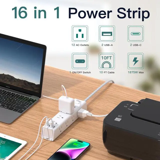 Alt view image 2 of 7 - Surge Protector Power Strip - 10 FT Extension Cord, Power Strip with 12 Widely AC Outlet 4 USB, Flat Plug Wall Mount Overload Protection, 1050J, Desk Charging Station for Home Office, ETL Listed,White