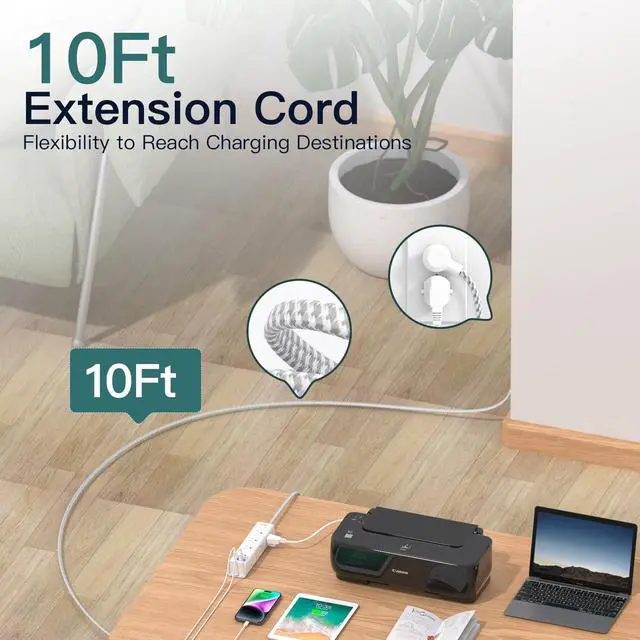 Alt view image 3 of 7 - Surge Protector Power Strip - 10 FT Extension Cord, Power Strip with 12 Widely AC Outlet 4 USB, Flat Plug Wall Mount Overload Protection, 1050J, Desk Charging Station for Home Office, ETL Listed,White