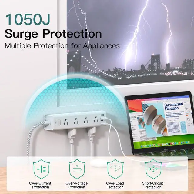 Alt view image 5 of 7 - Surge Protector Power Strip - 10 FT Extension Cord, Power Strip with 12 Widely AC Outlet 4 USB, Flat Plug Wall Mount Overload Protection, 1050J, Desk Charging Station for Home Office, ETL Listed,White