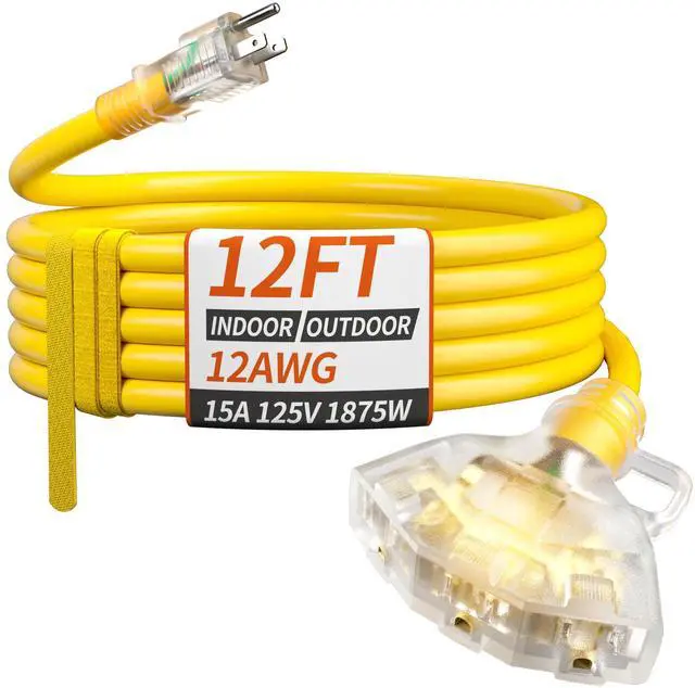 Main image of 12 FT 12/3 Gauge Outdoor Extension Cord with Multiple Outlets Light Indicator, Flexible 3 Outlet Weatherproof Heavy Duty Extension Cord Waterproof Yellow, 15A 1875W 12AWG SJTW, ETL Listed