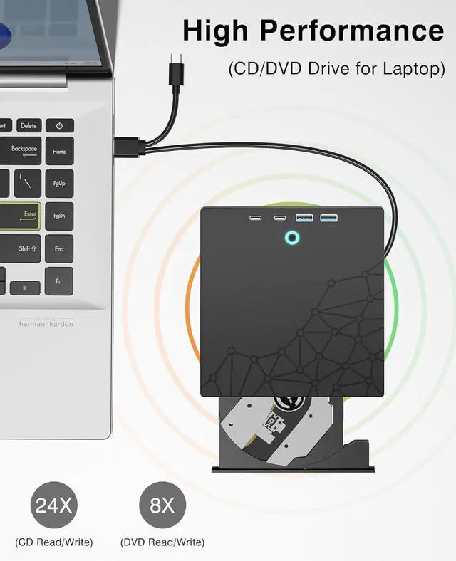Alt view image 3 of 7 - External CD/DVD Drive for Laptop PC, 8-in-1 LED USB 3.0 CD Burner CD Reader for Laptop, Portable DVD Player with SD/TF Card Slots, DVD Drive Usb External Optical for MacBook Windows 11 10 Linux OS