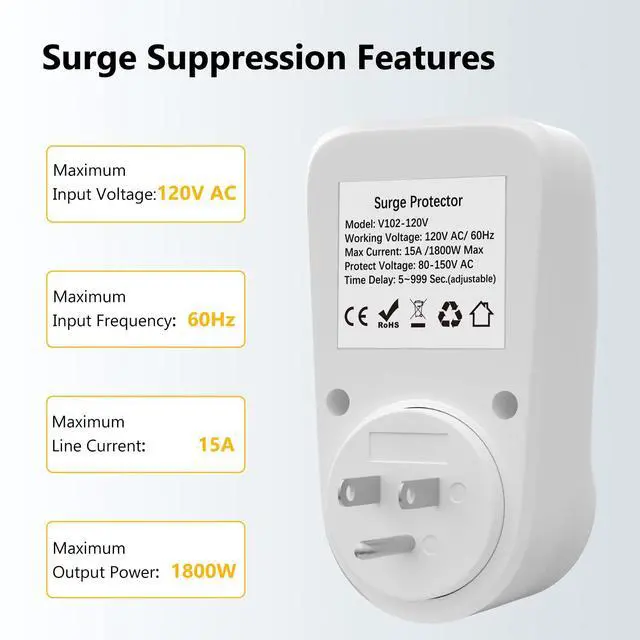 Alt view image 6 of 6 - Voltage Protector Electronic Surge Protector Outlet, 1800W Wall Surge Protector for Refrigerator, TV, PC, Home Appliance, Voltage Regulator with LED Display Screen, Adjustable, 15A, 120V, 1 Pack