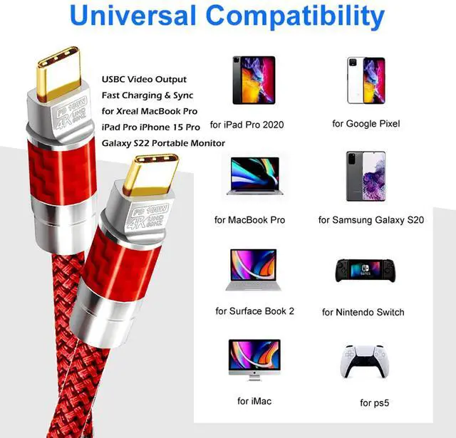 Alt view image 3 of 7 - Type C to C 20FT Cable,4K@60Hz 100W Fast Charging - Carbon Fiber Braided, High-Speed Data Transfer for Xreal MacBook Pro iPad Pro iPhone 15 Pro Galaxy S22 Portable Monitor Red