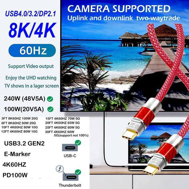 Alt view image 2 of 7 - Type C to C 20FT Cable,4K@60Hz 100W Fast Charging - Carbon Fiber Braided, High-Speed Data Transfer for Xreal MacBook Pro iPad Pro iPhone 15 Pro Galaxy S22 Portable Monitor Red