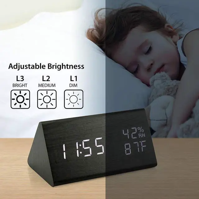 Alt view image 4 of 7 - Wooden Alarm Clock, Smart LED Digital Clock for Bedroom/desks, Upgraded with Time Temperature, Adjustable Brightness and Voice Control, Humidity Displaying - Black
