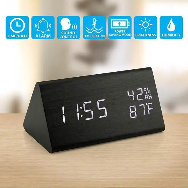 Alt view image 2 of 7 - Wooden Alarm Clock, Smart LED Digital Clock for Bedroom/desks, Upgraded with Time Temperature, Adjustable Brightness and Voice Control, Humidity Displaying - Black