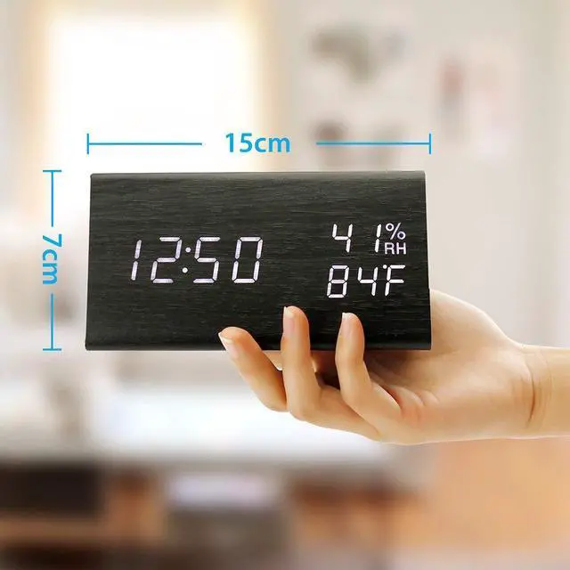 Alt view image 5 of 7 - Wooden Alarm Clock, Smart LED Digital Clock for Bedroom/desks, Upgraded with Time Temperature, Adjustable Brightness and Voice Control, Humidity Displaying - Black