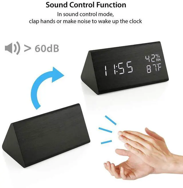 Alt view image 6 of 7 - Wooden Alarm Clock, Smart LED Digital Clock for Bedroom/desks, Upgraded with Time Temperature, Adjustable Brightness and Voice Control, Humidity Displaying - Black
