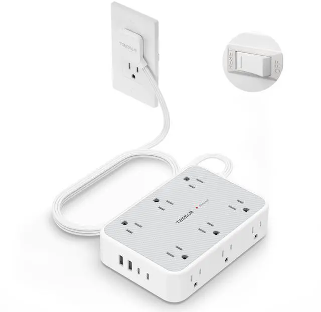 Main image of Surge Protector Power Strip, 10FT Flat Extension Cord with Multiple Outlets, 12 Outlet Extender with 4 USB (2 USB-C), Flat Plug Power Strip, 1800J Surge Protection, Office, Dorm Essentials