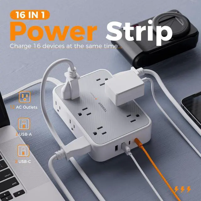 Alt view image 3 of 7 - Surge Protector Power Strip, 10FT Flat Extension Cord with Multiple Outlets, 12 Outlet Extender with 4 USB (2 USB-C), Flat Plug Power Strip, 1800J Surge Protection, Office, Dorm Essentials
