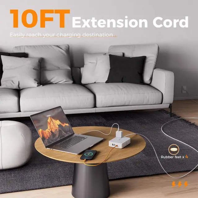 Alt view image 2 of 7 - Surge Protector Power Strip, 10FT Flat Extension Cord with Multiple Outlets, 12 Outlet Extender with 4 USB (2 USB-C), Flat Plug Power Strip, 1800J Surge Protection, Office, Dorm Essentials