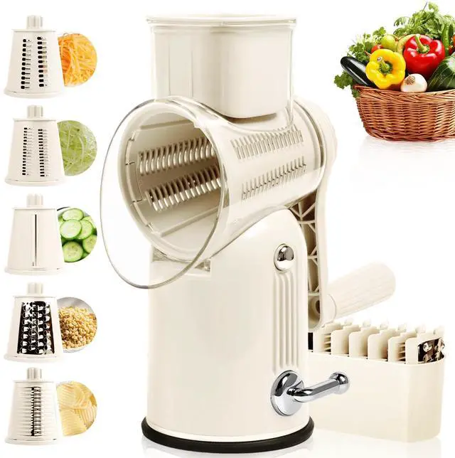 Main image of Rotary Cheese Grater with Handle, Vegetable Shredder with 5 Replaceable Blades & Strong Suction Base, Round Food Slicer & Chopper for Kitchen Fruit Vegetables Nuts with Blade Storage Box (White)