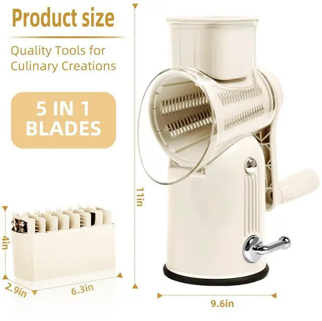 Alt view image 2 of 7 - Rotary Cheese Grater with Handle, Vegetable Shredder with 5 Replaceable Blades & Strong Suction Base, Round Food Slicer & Chopper for Kitchen Fruit Vegetables Nuts with Blade Storage Box (White)