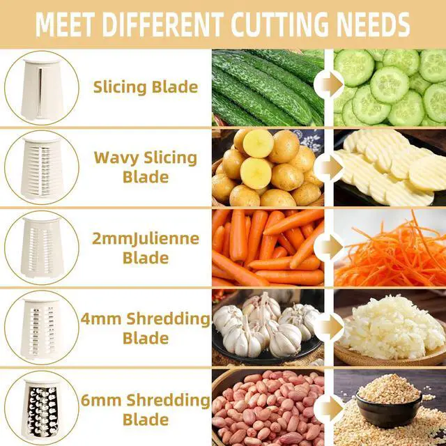 Alt view image 4 of 7 - Rotary Cheese Grater with Handle, Vegetable Shredder with 5 Replaceable Blades & Strong Suction Base, Round Food Slicer & Chopper for Kitchen Fruit Vegetables Nuts with Blade Storage Box (White)