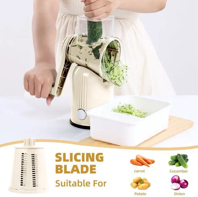 Alt view image 6 of 7 - Rotary Cheese Grater with Handle, Vegetable Shredder with 5 Replaceable Blades & Strong Suction Base, Round Food Slicer & Chopper for Kitchen Fruit Vegetables Nuts with Blade Storage Box (White)