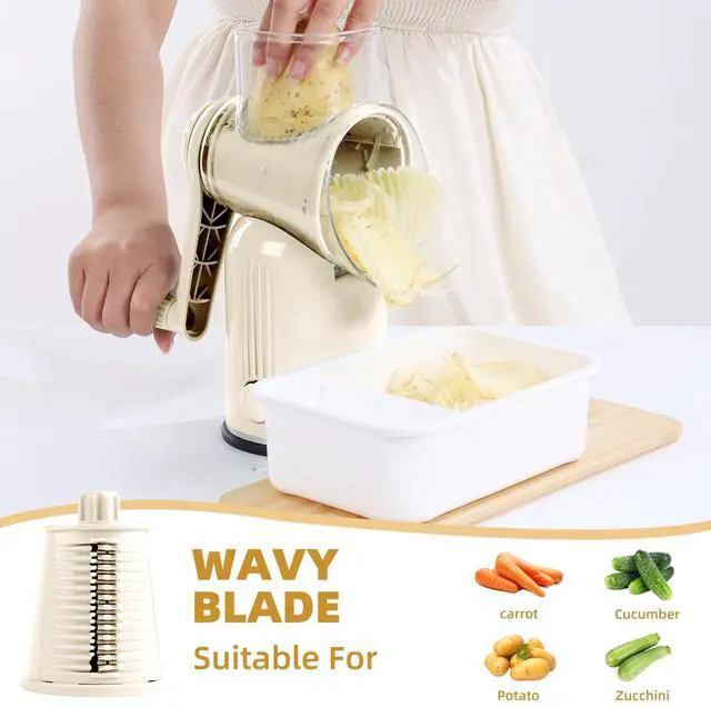 Alt view image 7 of 7 - Rotary Cheese Grater with Handle, Vegetable Shredder with 5 Replaceable Blades & Strong Suction Base, Round Food Slicer & Chopper for Kitchen Fruit Vegetables Nuts with Blade Storage Box (White)