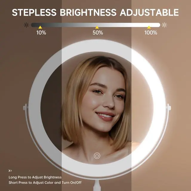 Alt view image 5 of 7 - Professional 8" Large Lighted Makeup Mirror with Brighter Lights, 1X/10X True HD Magnifying Mirror with 3 Color Dimmable Lights, 92 Shadowless LEDs, 360°Swivel Seamless Vanity Mirror, White