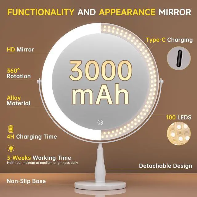 Alt view image 4 of 7 - Professional 8" Large Lighted Makeup Mirror with Brighter Lights, 1X/10X True HD Magnifying Mirror with 3 Color Dimmable Lights, 92 Shadowless LEDs, 360°Swivel Seamless Vanity Mirror, White