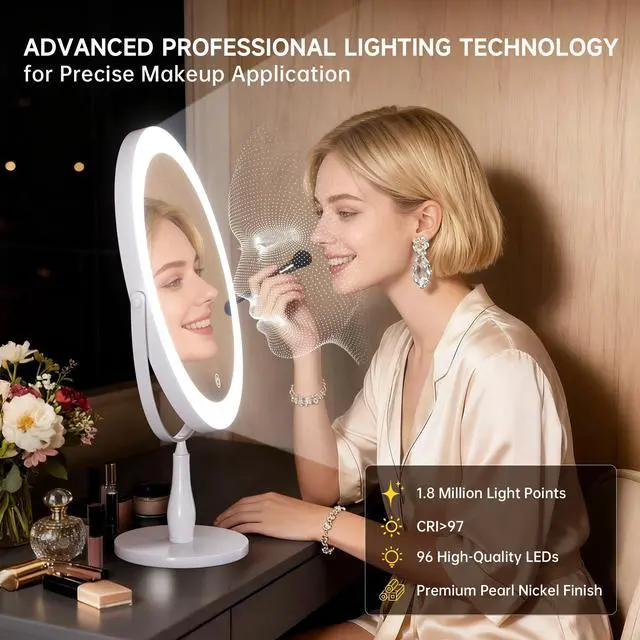 Alt view image 7 of 7 - Professional 8" Large Lighted Makeup Mirror with Brighter Lights, 1X/10X True HD Magnifying Mirror with 3 Color Dimmable Lights, 92 Shadowless LEDs, 360°Swivel Seamless Vanity Mirror, White