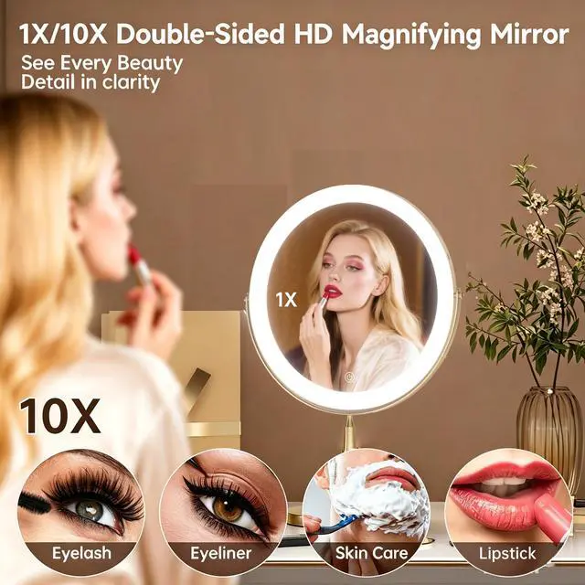 Alt view image 6 of 7 - Professional 8" Large Lighted Makeup Mirror with Brighter Lights, 1X/10X True HD Magnifying Mirror with 3 Color Dimmable Lights, 92 Shadowless LEDs, 360°Swivel Seamless Vanity Mirror, White