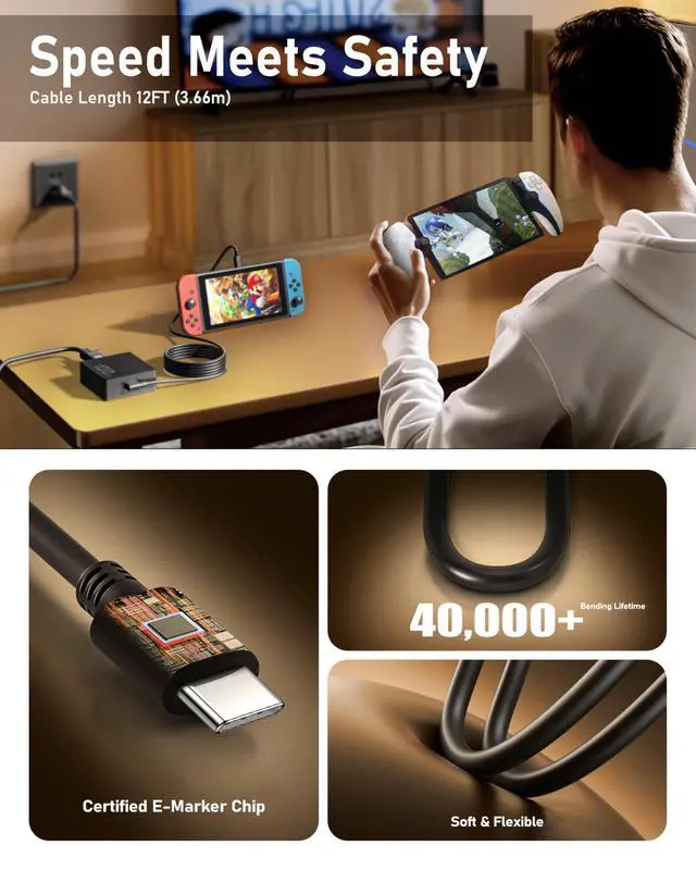 Alt view image 7 of 7 - 100W 65W USB C Charger for ROG Xbox Ally X/ROG Ally X, MSI Claw 8/7 AI+/A8 BZ2EM/A1M, Switch 2/OLED/Lite, Steam Deck, R36MAX Retro Console, Legion Go S, Logitech G Cloud Type C Power Cord