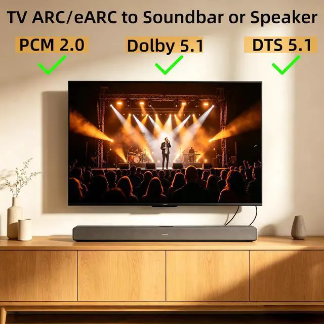 Alt view image 6 of 7 - HDMI ARC/eARC to Optical Audio Converter, 192KHz ARC to Optical Adaptor Supports PCM2.0, Dolby 5.1, DTS 5.1 -ARC Audio Extractor Cable 6 FT for TV to Soundbar,Amplifier,Speaker