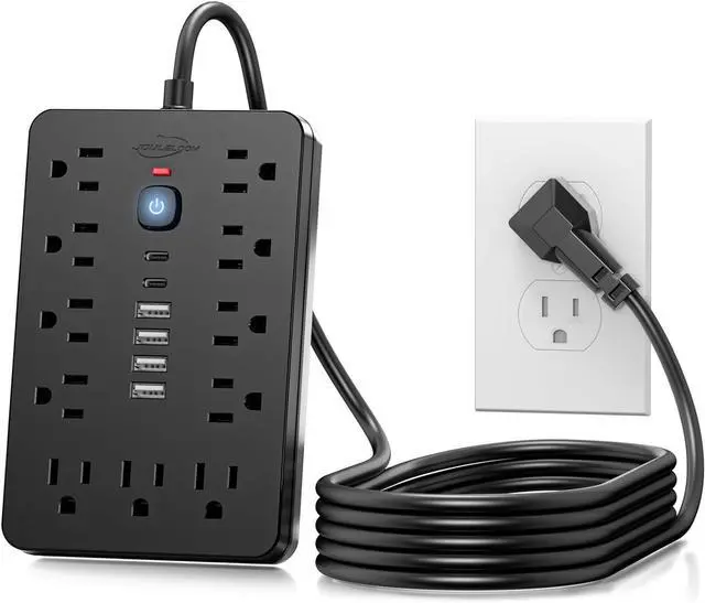 Main image of 15 FT Flat Plug Surge Protector Power Strip,11 Multiple AC Outlets with 6 USB Ports (2 USB C), 15 Feet Extension Cord, 1250W/10A, One Touch Switch Button, 17 in 1 Compact powerstrip