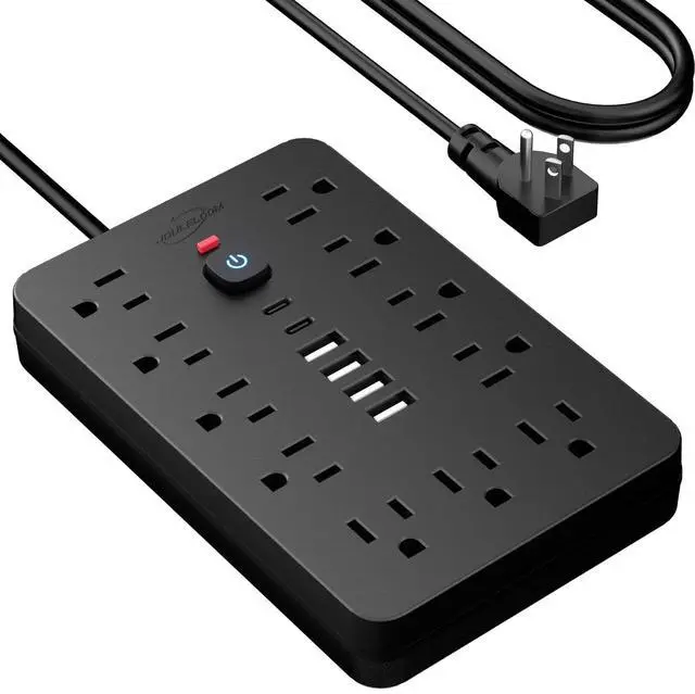 Alt view image 2 of 7 - 15 FT Flat Plug Surge Protector Power Strip,11 Multiple AC Outlets with 6 USB Ports (2 USB C), 15 Feet Extension Cord, 1250W/10A, One Touch Switch Button, 17 in 1 Compact powerstrip