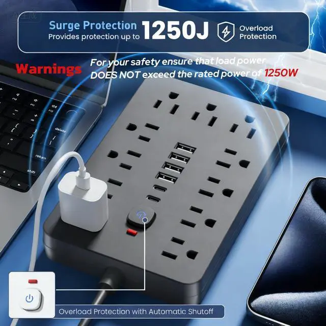 Alt view image 7 of 7 - 15 FT Flat Plug Surge Protector Power Strip,11 Multiple AC Outlets with 6 USB Ports (2 USB C), 15 Feet Extension Cord, 1250W/10A, One Touch Switch Button, 17 in 1 Compact powerstrip