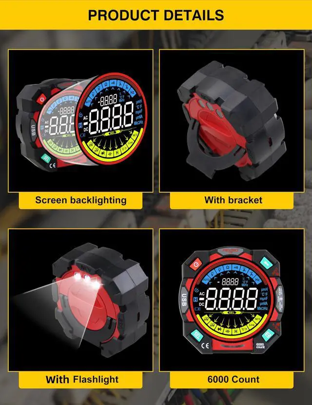Alt view image 3 of 7 - Portable Digital Multimeter Tester 6000 Counts VA Display Auto-Ranging Multifunction Voltage Current Meter Measures AC/DC Volt/Current, Resistance, Capacitance, Temperature,Live Wire Detector