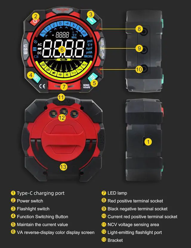 Alt view image 5 of 7 - Portable Digital Multimeter Tester 6000 Counts VA Display Auto-Ranging Multifunction Voltage Current Meter Measures AC/DC Volt/Current, Resistance, Capacitance, Temperature,Live Wire Detector