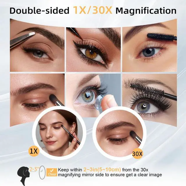 Alt view image 5 of 7 - Magnifying Mirror 30X 1X Double Sided Magnification Makeup Vanity Mirror 2000mAh Rechargeable Lighted Mirror with 3 Color Setting Adjustable Rotation LED Vanity Desk Mirror