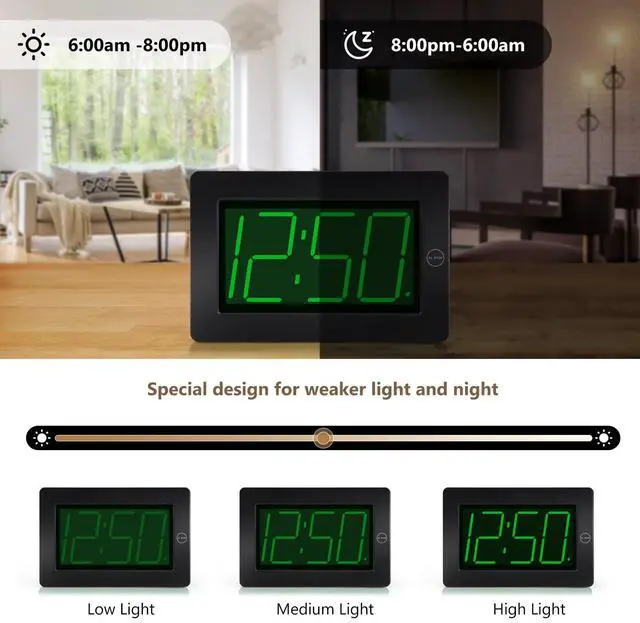 Alt view image 3 of 6 - Alarm Clock, Wall Clock, Digital Clock, 3" LED Digit Display, Adjustable Brightness, Auto Night Mode, Auto Alarm Volume Increasing, Wall-Mount & Table-top
