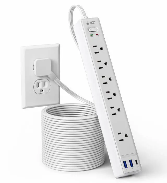 Main image of 15Ft Long Extension Cord, SUPERDANNY Surge Protector Power Strip with 6 Outlets & 3 USB Ports, Flat Plug Power Strip Wall Mountable, Desk Charging Station for Home Office, College Dorm Room Essentials